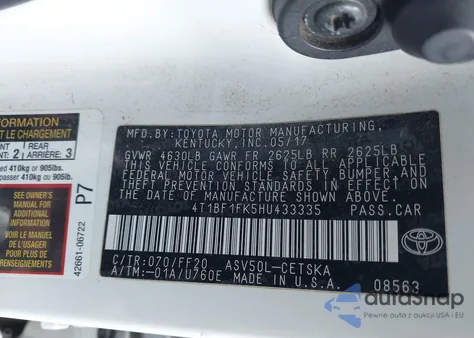 2017 Toyota Camry Se из США, поврежденный, VIN 4T1BF1FK5HU433335